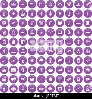 100 film icons set purple Stock Vector