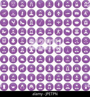 100 folk icons set purple Stock Vector