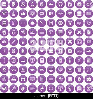 100 training icons set purple Stock Vector