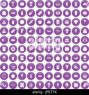 100 food shopping icons set purple Stock Vector