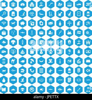 100 cat icons set blue Stock Vector