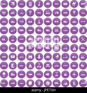 100 transport icons set purple Stock Vector