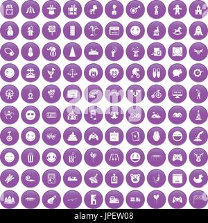 100 funny icons set purple Stock Vector