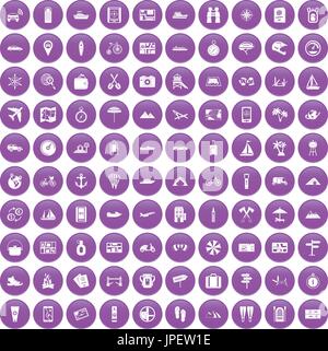 100 travel icons set purple Stock Vector