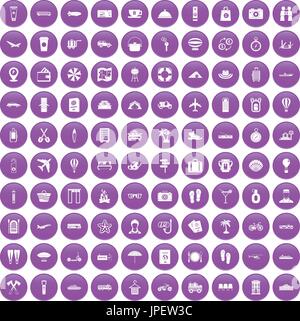 100 travel time icons set purple Stock Vector