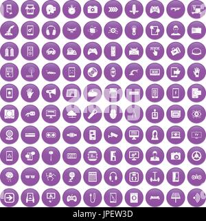 100 gadget icons set purple Stock Vector