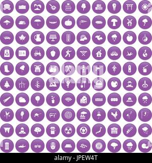 100 tree icons set purple Stock Vector