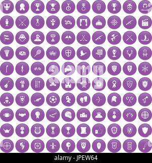 100 trophy and awards icons set purple Stock Vector
