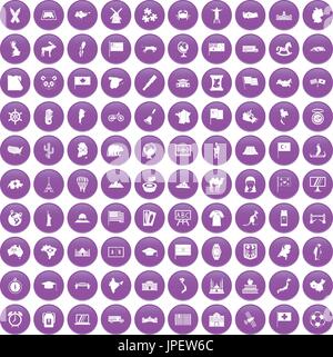 100 geography icons set purple Stock Vector