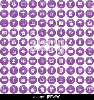 100 TV icons set purple Stock Vector
