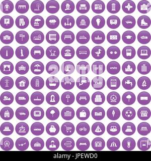 100 urban icons set purple Stock Vector