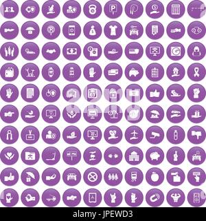 100 hand icons set purple Stock Vector