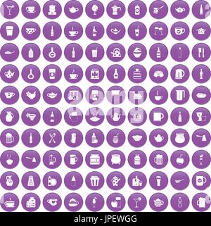 100 utensil icons set purple Stock Vector