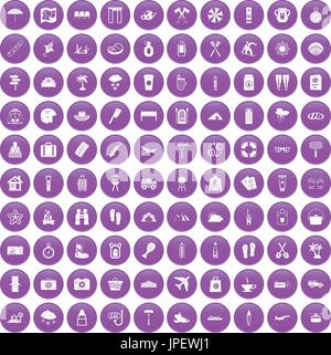 100 vacation icons set purple Stock Vector