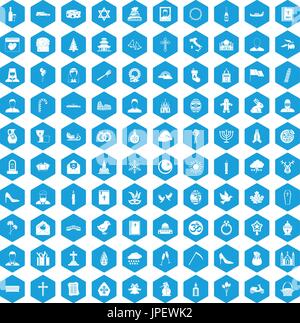 100 church icons set blue Stock Vector
