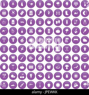 100 vegetables icons set purple Stock Vector