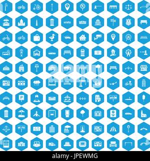 100 city icons set blue Stock Vector