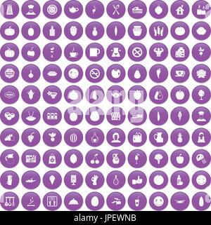 100 vegetarian cafe icons set purple Stock Vector