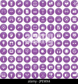 100 video icons set purple Stock Vector