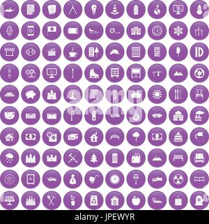 100 villa icons set purple Stock Vector