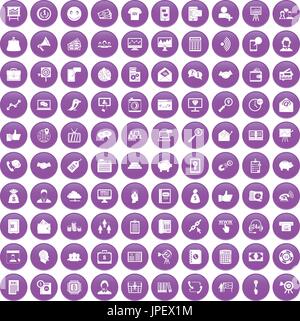 100 viral marketing icons set purple Stock Vector