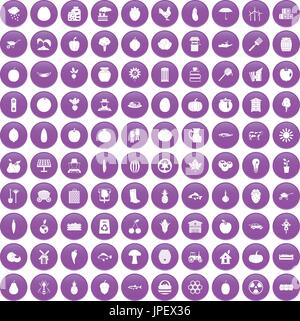 100 vitamins icons set purple Stock Vector
