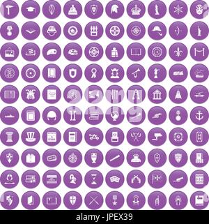 100 history icons set purple Stock Vector