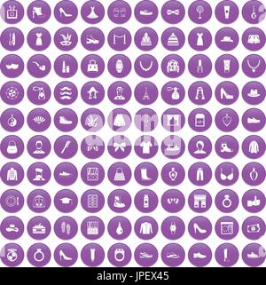 100 vogue icons set purple Stock Vector