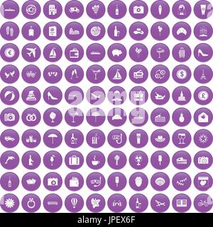 100 honeymoon icons set purple Stock Vector