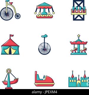 Colored circus icons set, flat style Stock Vector