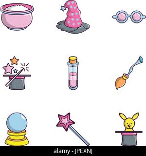 Magician equipment icons set, flat style Stock Vector