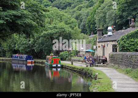 Rear of Stubbing Wharf pub and Rochdale Canal, Hebden Bridge, West, Yorkshire Stock Photo