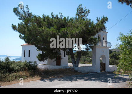 White church perched on top of the hill in Korithi, on the island of Zakynthos, in Greece Stock Photo