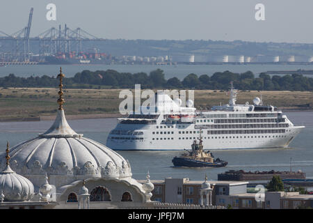 Gravesend, Kent, United Kingdom. 1st August, 2017. Silversea's cruise ship Silver Wind pictured sailing past sunny Gravesend in Kent today as she left London after a one day visit. Rob Powell/Alamy Live News Stock Photo
