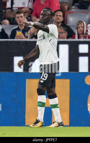 Munich, Germany. 01st Aug, 2017. Liverpool's Sadio Mane celebrates scoring the 1:0 during the Audi Cup semi-final pitting FC Bayern Munich vs FC Liverpool at the Allianz Arena in Munich, Germany, 01 August 2017. Photo: Sven Hoppe/dpa/Alamy Live News Stock Photo