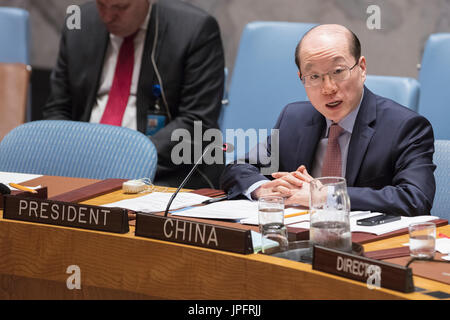 (170801) -- UNITED NATIONS, Aug. 1, 2017 (Xinhua) -- File photo taken on July 25, 2017 shows Liu Jieyi (R), China's Permanent Representative to the United Nations and UN Security Council president for July, addressing a Security Council open debate on the situation in the Middle East at the UN headquarters in New York. China on July 31 concluded its rotating presidency of the UN Security Council for the month of July. Under the month-long Chinese presidency, the Security Council, which is the most powerful UN body, convened more than 30 meetings, adopted four resolutions and four presidential Stock Photo