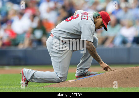 Milwaukee, WI., USA. 1st August, 2017. St. Louis Cardinals starting pitcher Carlos Martinez #18 before the first pitch in the Major League Baseball game between the Milwaukee Brewers and the St. Louis Cardinals at Miller Park in Milwaukee, WI. John Fisher/CSM Stock Photo