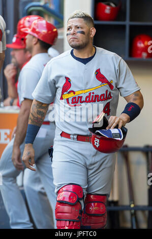 Milwaukee, WI., USA. 1st August, 2017. St. Louis Cardinals catcher Yadier Molina #4 prior to the Major League Baseball game between the Milwaukee Brewers and the St. Louis Cardinals at Miller Park in Milwaukee, WI. John Fisher/CSM Stock Photo