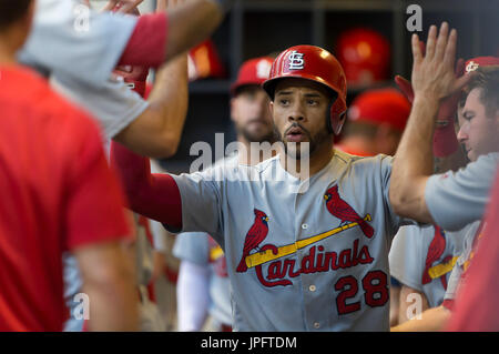Milwaukee, WI., USA. 1st August, 2017. St. Louis Cardinals left fielder Tommy Pham #28 is congratulated after scoring in the 4th inning of the Major League Baseball game between the Milwaukee Brewers and the St. Louis Cardinals at Miller Park in Milwaukee, WI. John Fisher/CSM Stock Photo