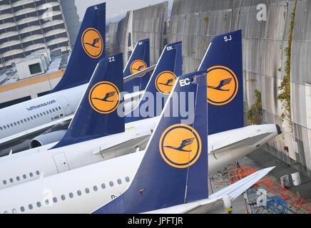 FILE - File picture dated 23 November 2016 showing Lufthansa aircraft parked at the edge of the field at Frankfurt Airport in Frankfurt am Main, Germany. Photo: Arne Dedert/dpa Stock Photo