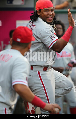 August 1, 2017: Los Angeles Angels center fielder Mike Trout (27) shows his  new haircut as he chats with an umpire during a review timeout in the game  between the Philadelphia Phillies