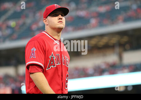 August 1, 2017: Los Angeles Angels center fielder Mike Trout (27) shows his  new haircut as he chats with an umpire during a review timeout in the game  between the Philadelphia Phillies