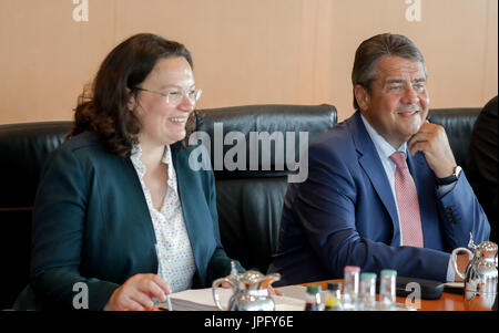 Berlin, Germany. 02nd Aug, 2017. German Labour Minister Andrea Nahles and Vice-Chancellor and Foreign Minister Sigmar Gabriel taking part in the Cabinet meeting at the Federal Chancellery in Berlin, Germany, 02 August 2017. Photo: Kay Nietfeld/dpa/Alamy Live News Stock Photo