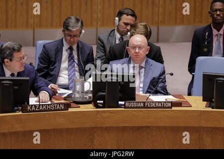 United Nations, New York, USA. 2nd Aug, 2017. Vassily Alekseevich Nebenzia, new Permanent Representative of the Russian Federation to the United Nations during a Security Council Meeting on Threats to international peace and security caused by terrorist acts today at the UN Headquarters in New York. Credit: dpa picture alliance/Alamy Live News Stock Photo