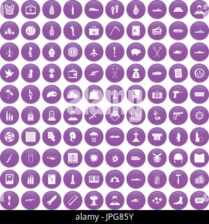 100 war crimes icons set purple Stock Vector