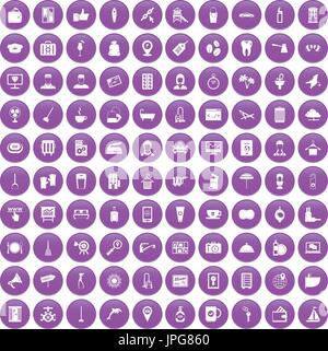 100 hotel services icons set purple Stock Vector