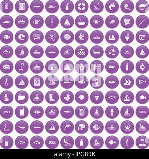 100 water icons set purple Stock Vector