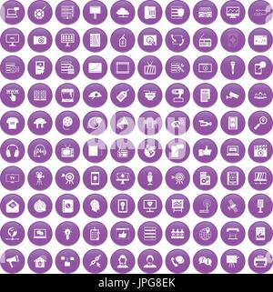 100 information technology icons set purple Stock Vector