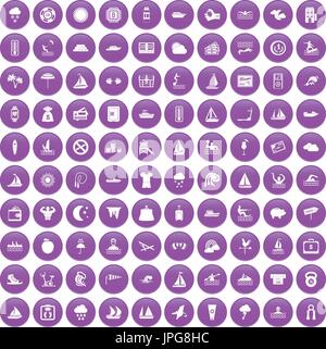 100 water sport icons set purple Stock Vector