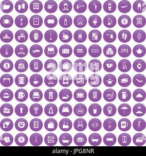 100 inn icons set purple Stock Vector